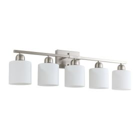 Brushed Nickel Bathroom Light Fixtures, 5-Light Modern Vanity Light Over Mirror, Wall Sconces with Milky White Frosted Glass Shades