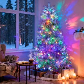 6FT Sliver Pre-Lit Artificial Christmas Tree, Hinged Full Tree with Metal Stand, 800 Branch Tips, 300 LED Lights,11 Lighting Modes
