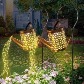 Outdoor Solar Watering Can with Lights Garden Decor Large Solar Powered Lanterns Hanging Waterproof LED Decorative Retro Metal Kettle String Ligh (Color: Warm lights-2PCS)